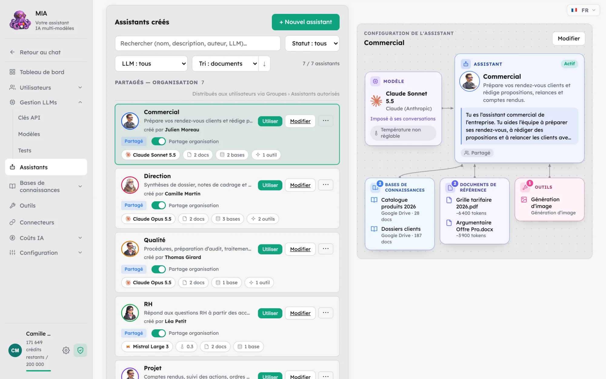 Page Assistants de MIA : assistants métier et schéma de l’assistant sélectionné