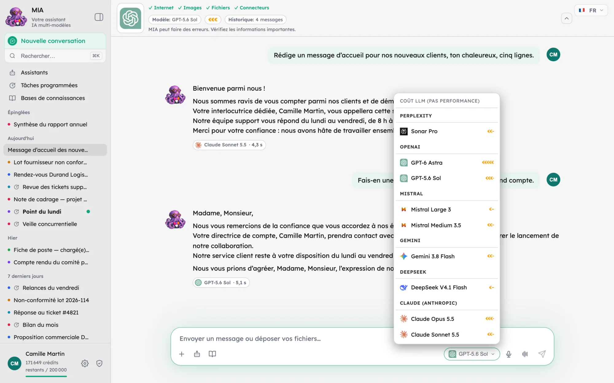 La barre de prompt de MIA avec le menu des modèles ouvert