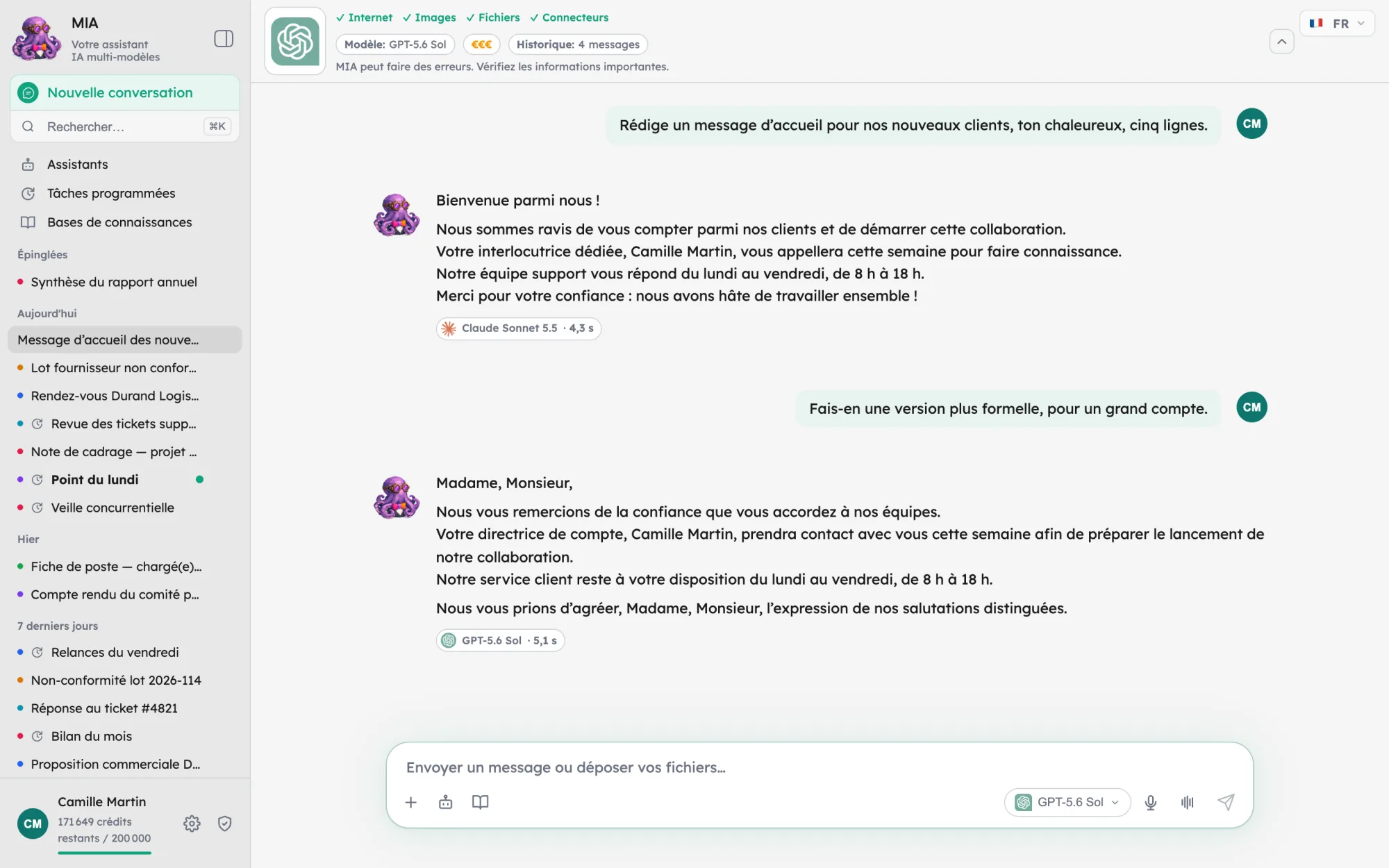 Un échange avec MIA : deux réponses, écrites par deux modèles différents, et la barre de prompt