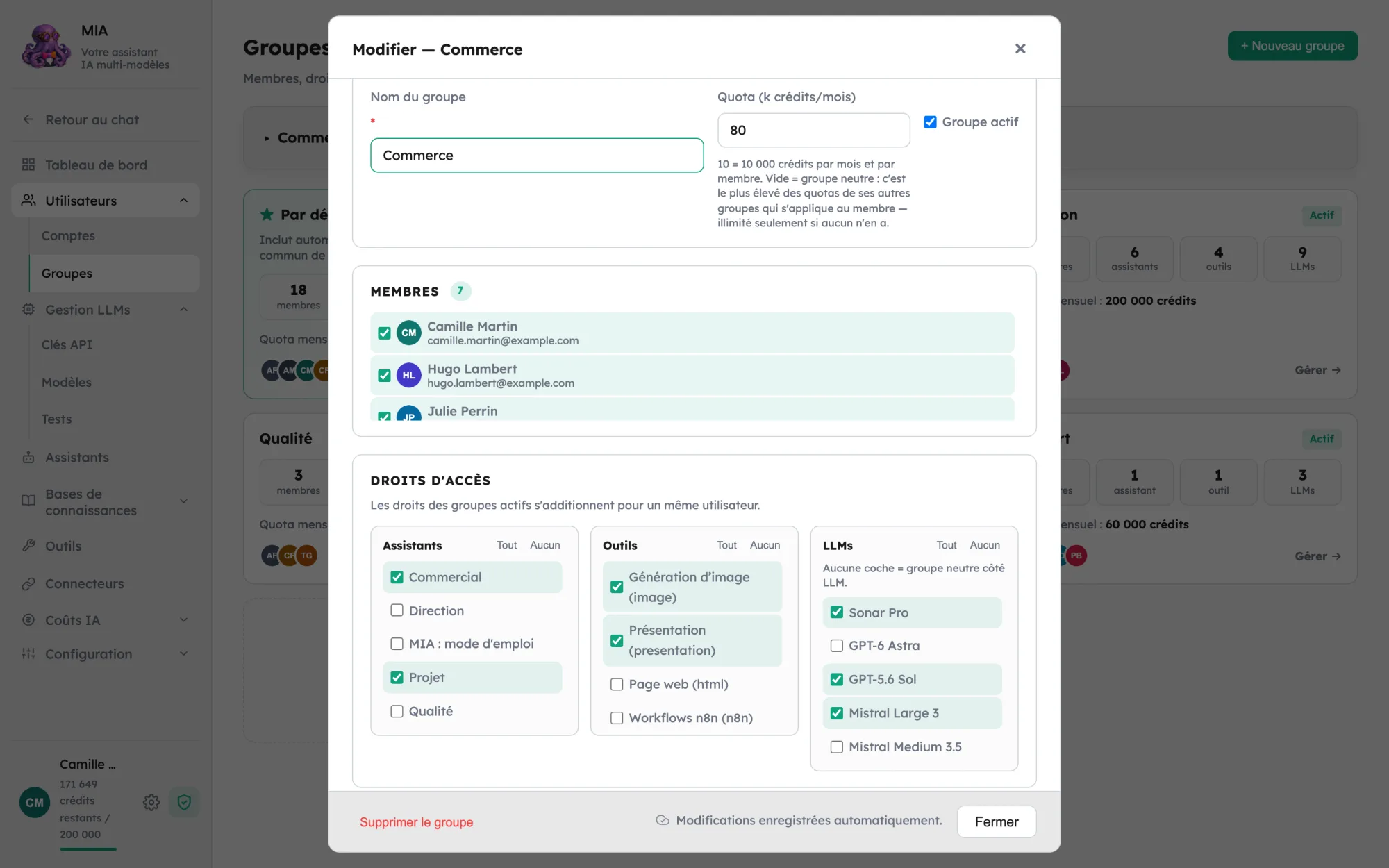 Fiche du groupe Commerce dans MIA : quota, membres, assistants, outils et modèles autorisés