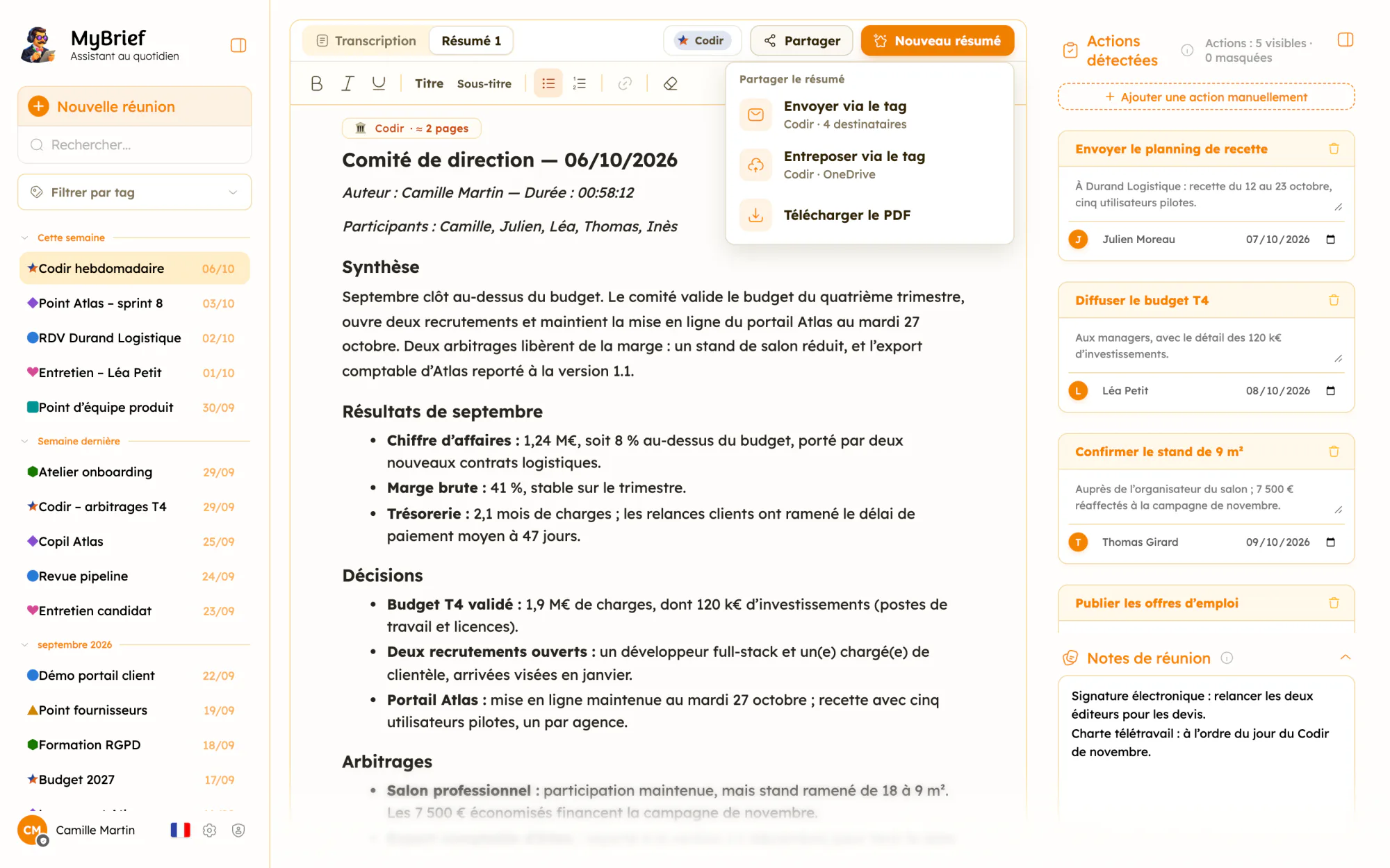 Le compte rendu d’un Codir dans MyBrief, avec le menu Partager ouvert et les actions détectées