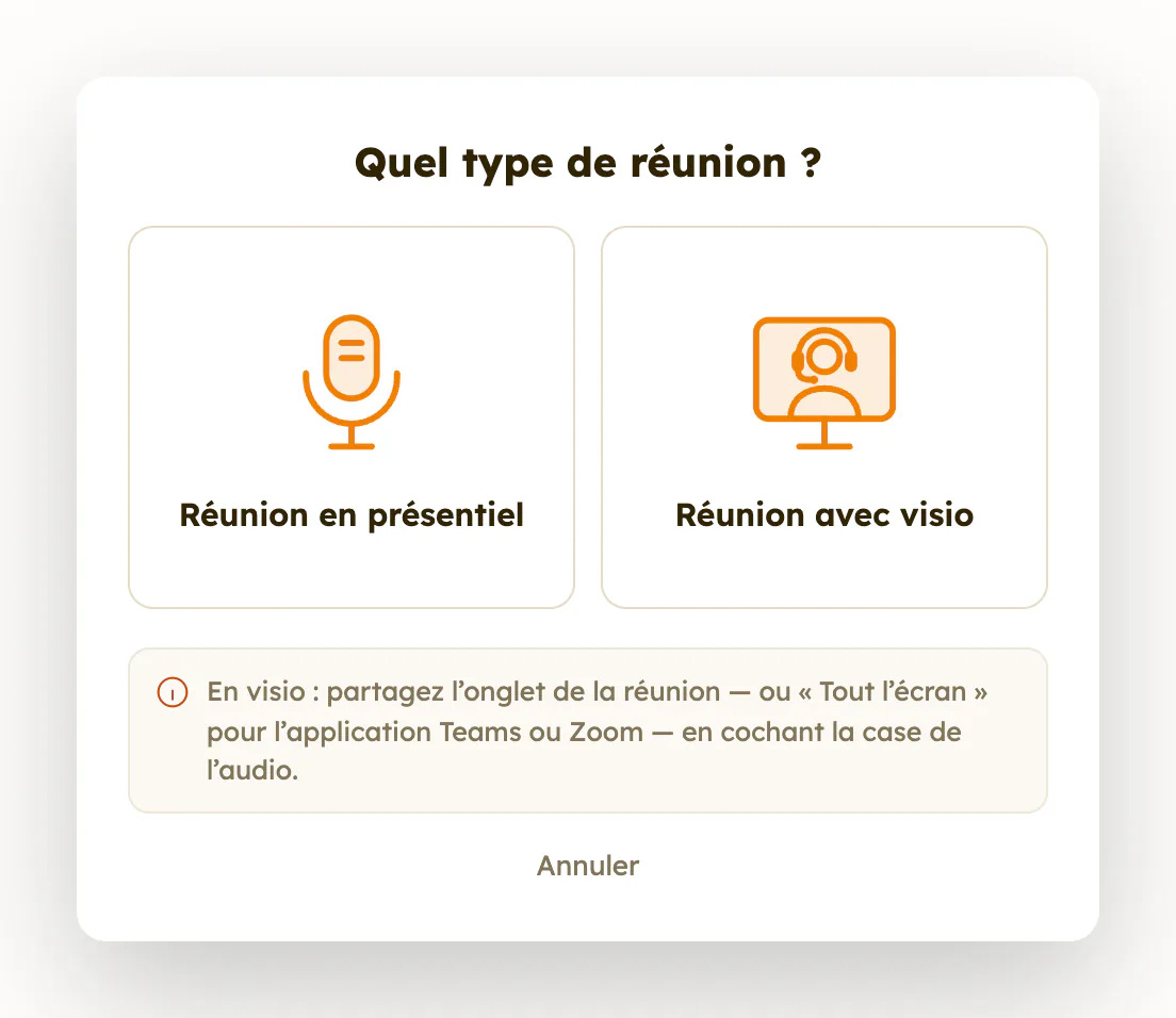 Choix au démarrage : réunion en présentiel ou réunion avec visio