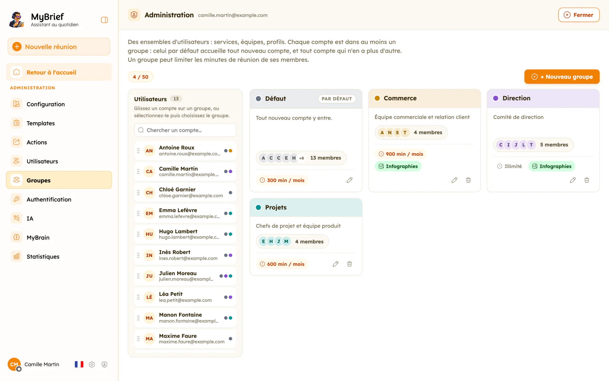 Administration des groupes dans MyBrief : quotas de minutes et droit aux infographies