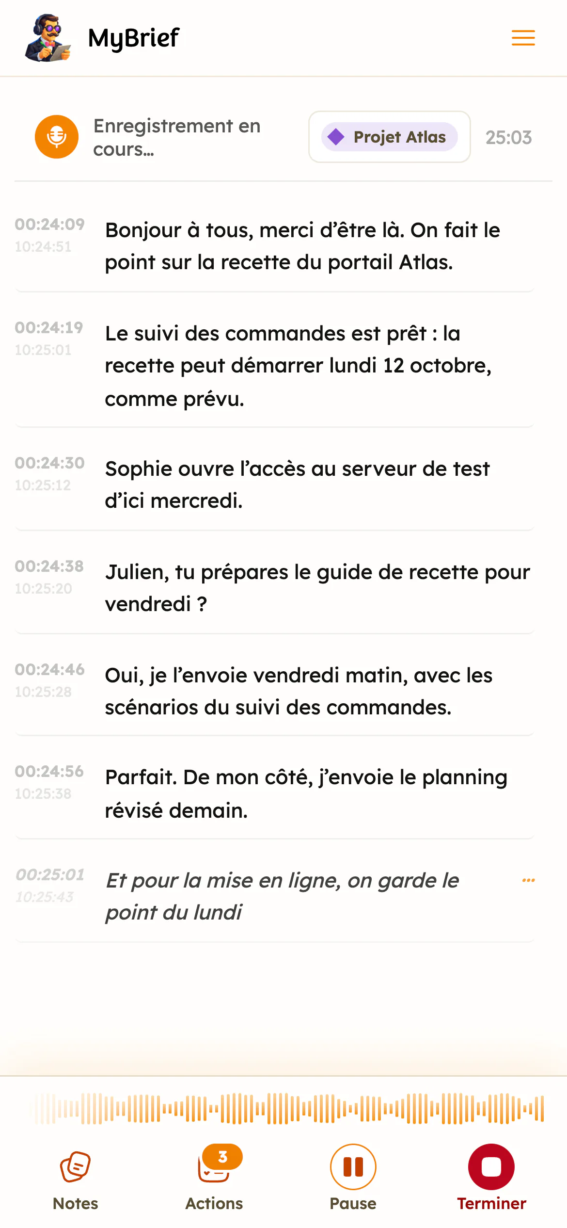MyBrief sur téléphone pendant une réunion