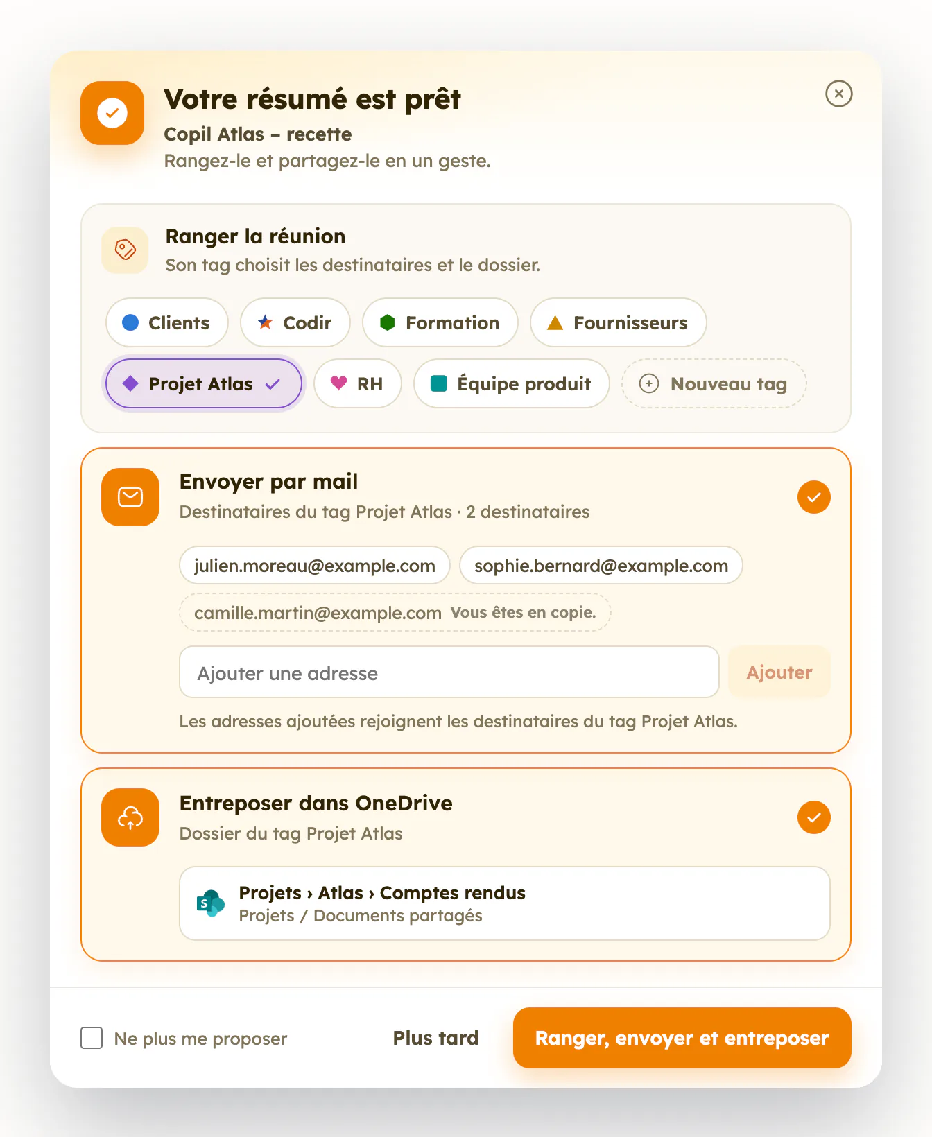 Fenêtre « Votre résumé est prêt » : tag, envoi par mail et entreposage
