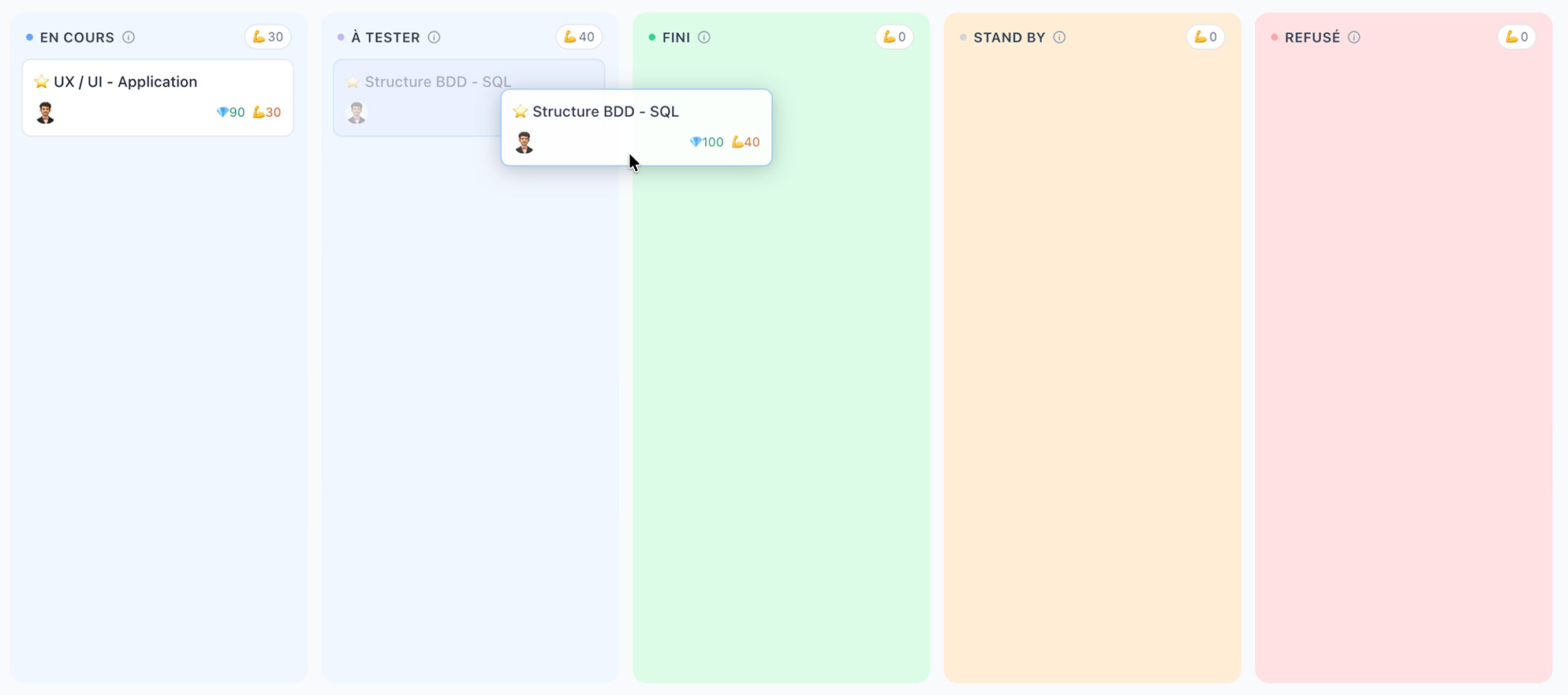 Capture d'écran MyBackLog — colonnes Kanban et déplacement d'une carte