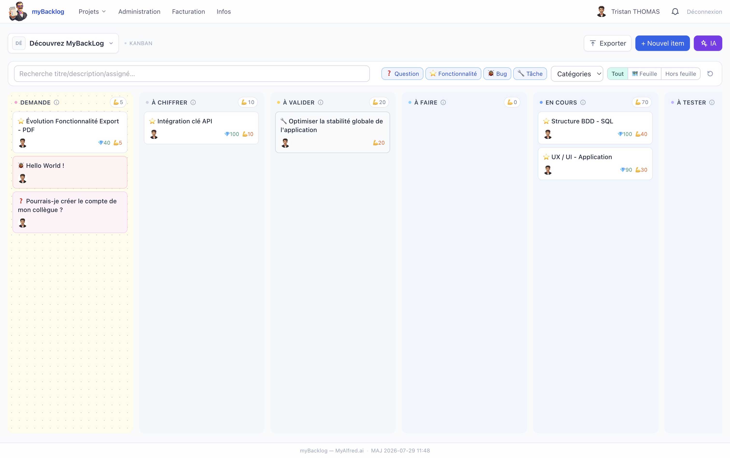 Capture d'écran de l'interface MyBackLog — vue Kanban